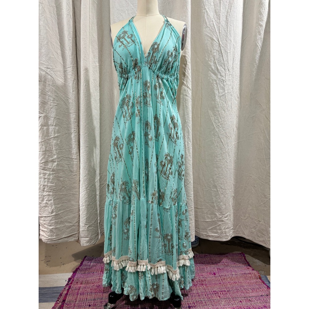 Ananta Aqua Blue Palm Tree Metallic Stripe Halter Maxi Dress One Size Boho